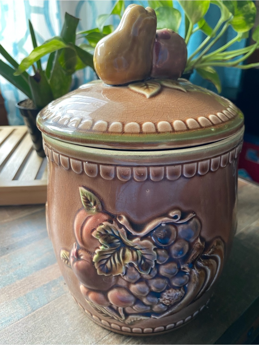 Vintage Japan Earth-Tone Ceramic Fruit Canister with Sculpted Lid